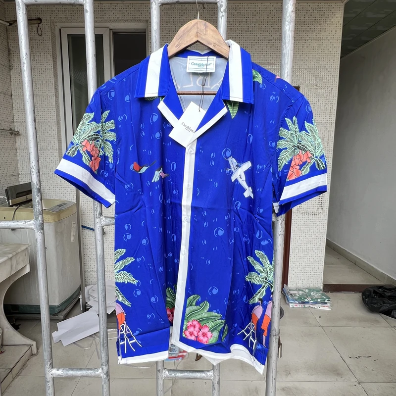 

Blue Casablanca Men Short Sleeve Shirts Oversized Flower Print Short-Sleeve Top Summer Breathable CASABLANCA Shirts Real Photos