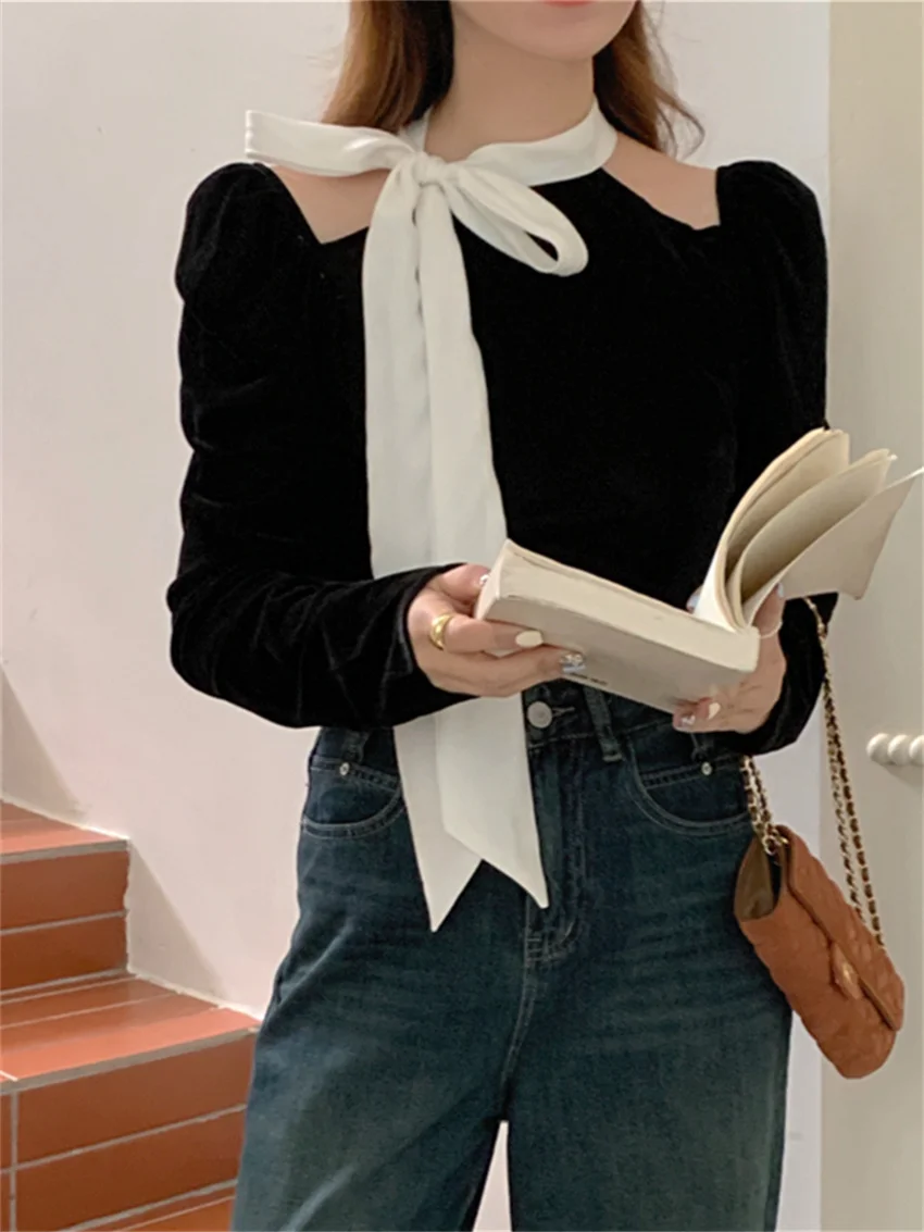 Черные блузки Alien Kitty женские свободные винтажные тонкие новые шикарные зимние с