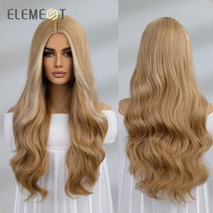 ELEMENT Synthetic Long Wavy Blonde Mixed Grey Middle Part Hair Wigs for Women Ladies Heat Resistant  Party Daily Wig Peluca Hair