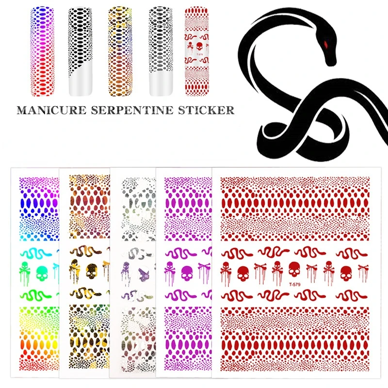 

8Pcs/lot New Snake Skin Nail Sticker Designer Laser Glitter Skull Serpentine Holographic 3D Nail Art Decals Decorations Set