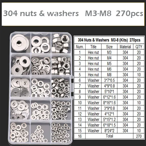 

WHUZF M3 M4 M5 M6 M8 304 Stainless Steel Nuts and Flat Washers Assortment Kit 270pcs with High Quality 2022 New Arrival