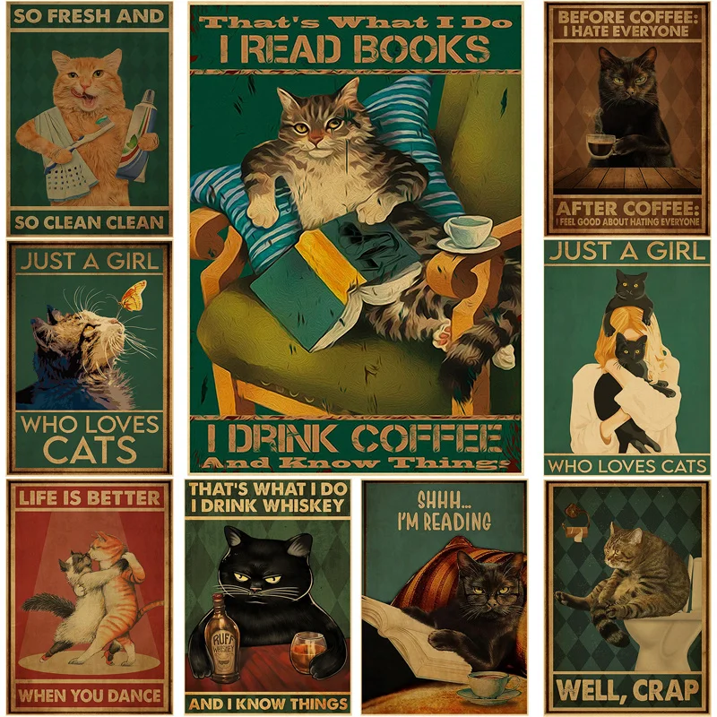 

Hilarious Cat Vintage Poster Kraft Paper Print DIY Home Room Bar Cafe Decor Cats That's What I Do I Read Books Art Wall Painting