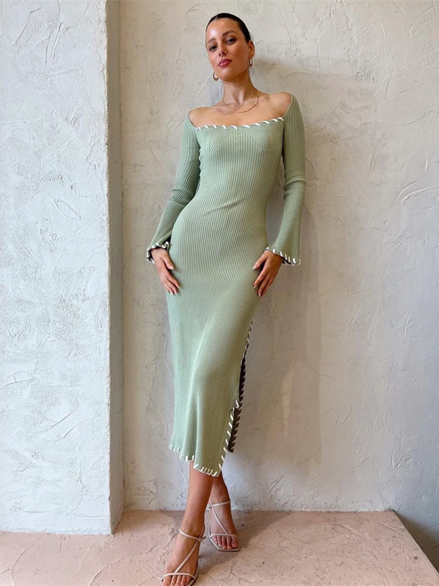 

Трикотажное платье-миди в рубчик, новинка 2023, приталенные шикарные однотонные платья с квадратным вырезом и длинным рукавом, элегантное модное женское платье