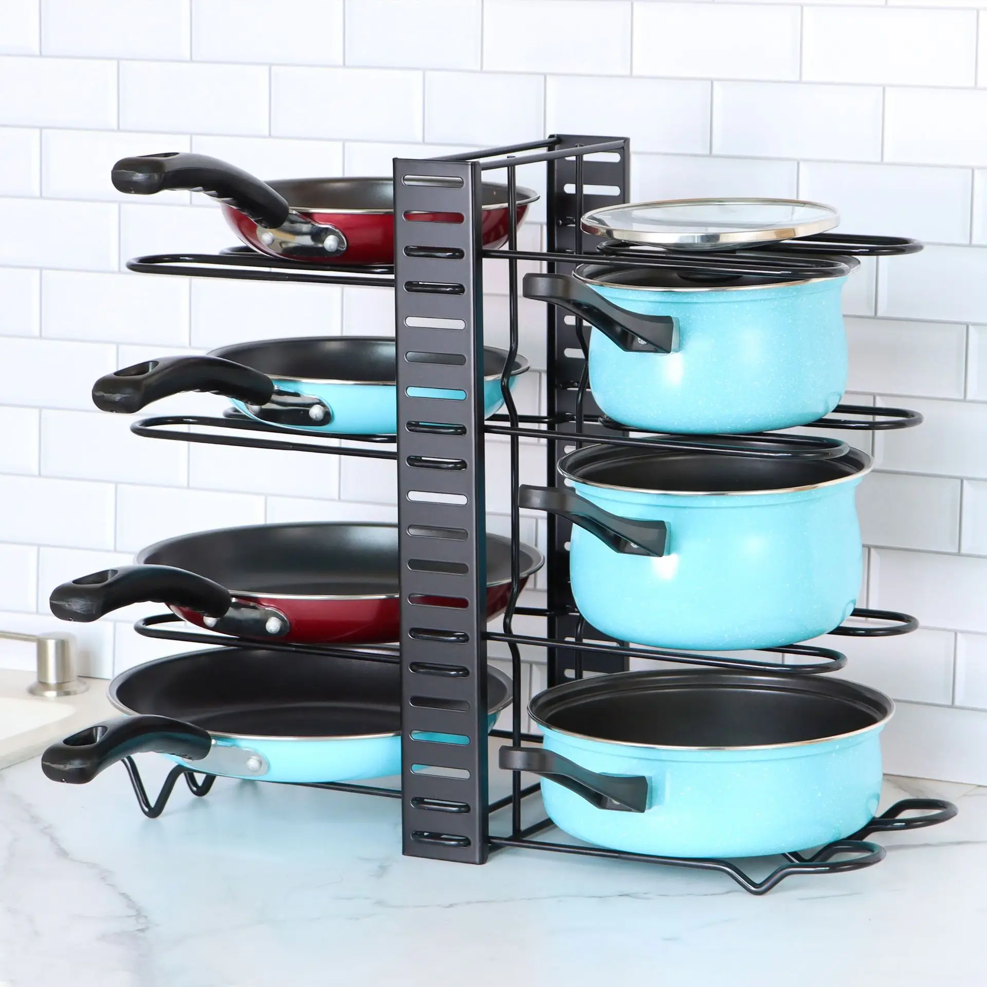 

5/8 Tiers Adjustable Pots and Pans Organizer Rack Adjustable Metal Pans Pots Lids Storage Holder Rack for Kitchen