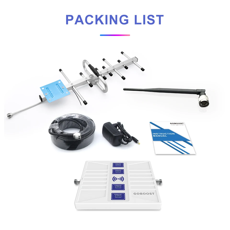 GOBOOST Signal Booster 4 Band 2G 3G 4G 70dB LTE Cellular Amplifier 700 800 850 900 1700 1800 1900 2100 2600 Network Repeater Kit