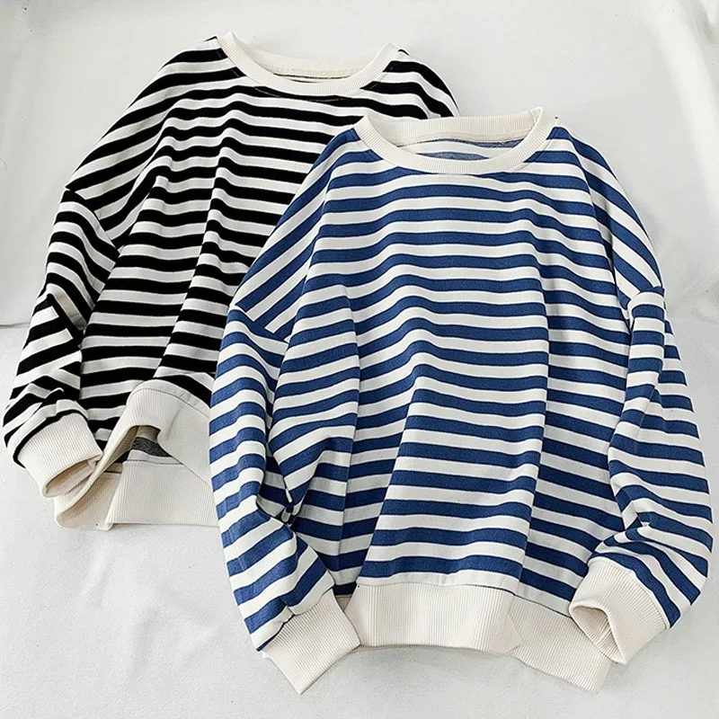 

harajuku Street Vintage Striped Patchwork Sweatshirts Boyfriend Oversized casual Hoodies Women O-neck Cotton Pullovers thin Tops