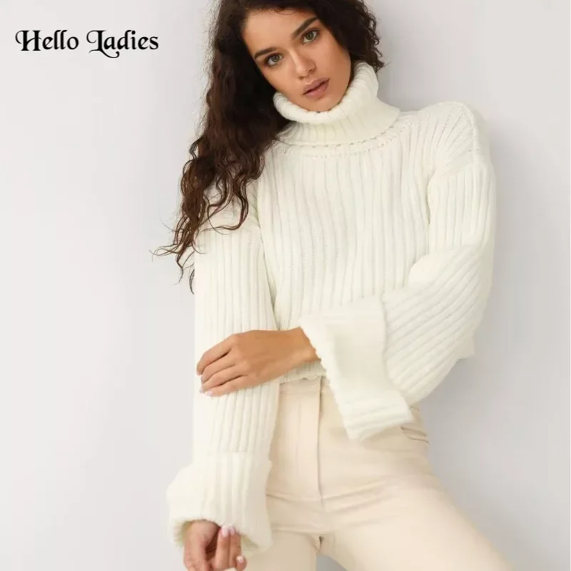 

HL Turtleneck Women Chic Casual Flare Long Sleeve Sweater Y2k Knitwear Jumper Soft Pullover Lady Solid Loosed Soft Pullover Top
