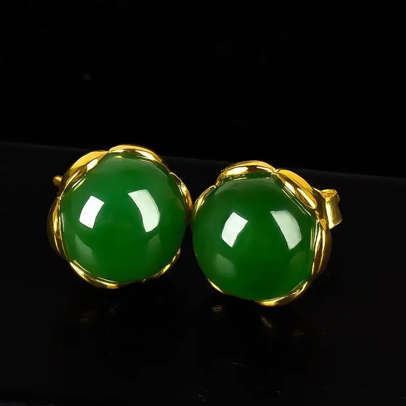 Retro Emerald Tourmaline Stud Earrings Hetian Jasper Artificial Gemstone Women European and American Temperamen...