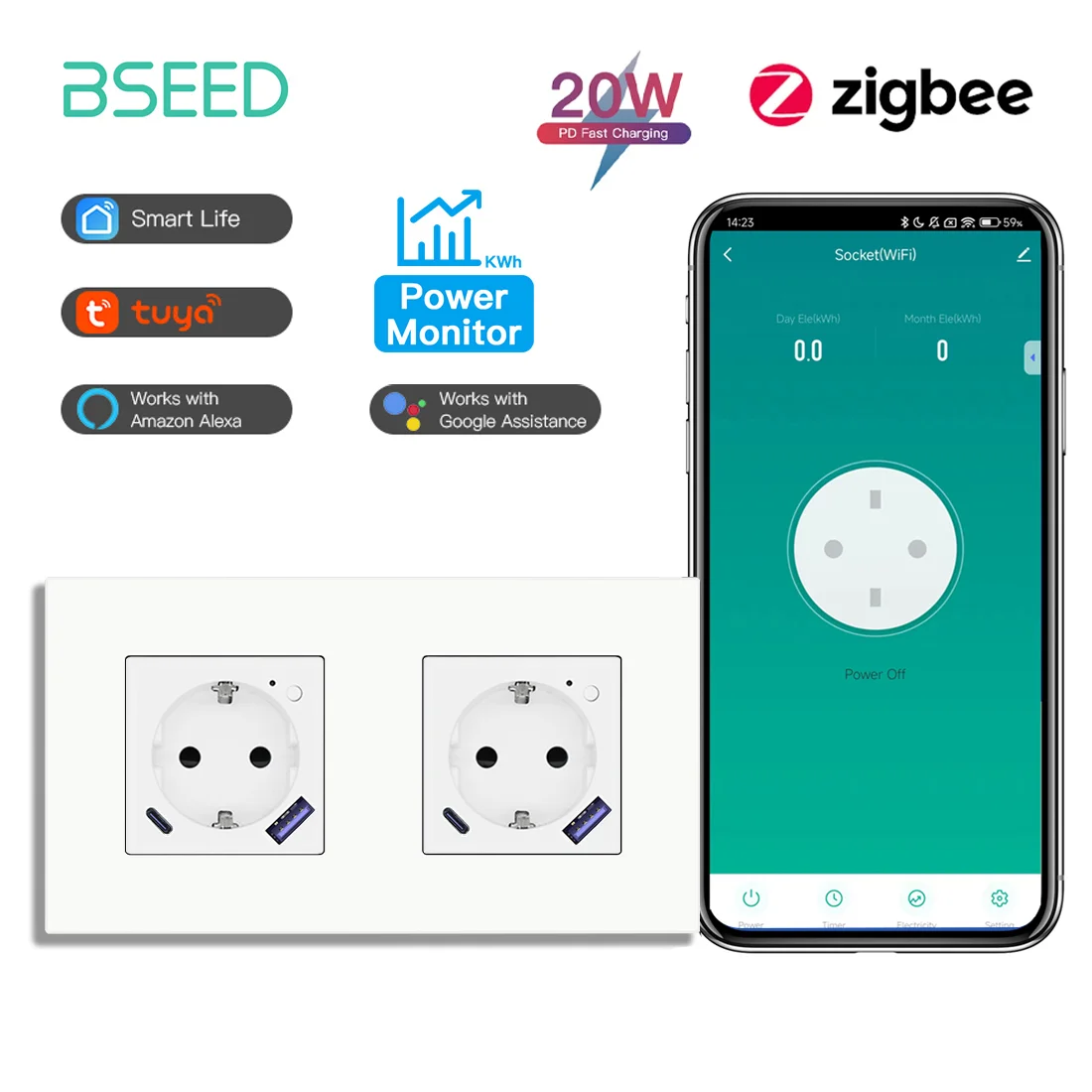 BSEED Умная розетка Zigbee с USB Type-c, белая