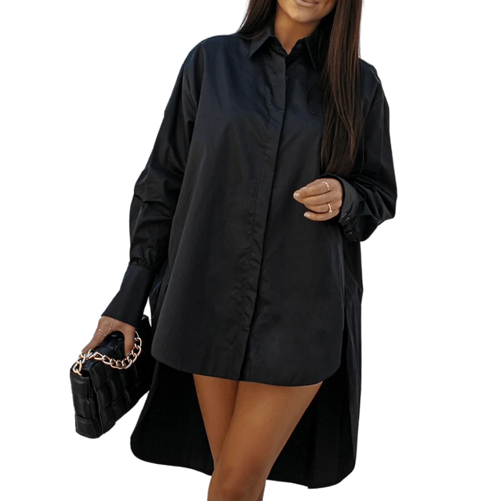 

Women Long Sleeve Button-Down Collared Shirts Plus Size Long Button Up High Low Hem Flowy Tops