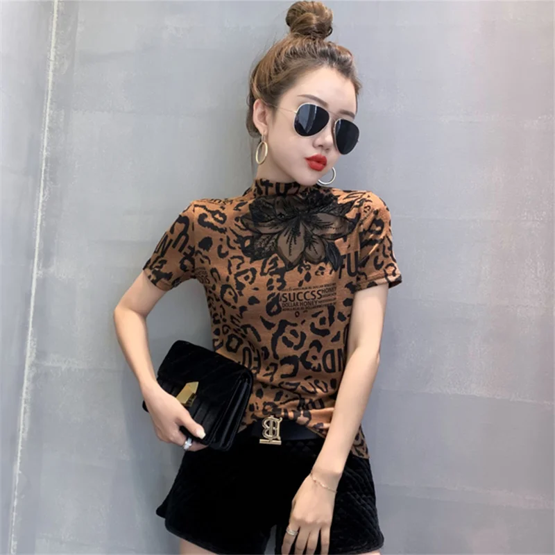 #7611 летняя леопардовая футболка Женская сетчатая Сексуальная с коротким рукавом