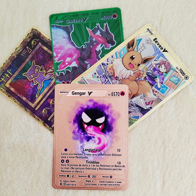 

7000 HP Gengar металлические Покемоны карты испанские буквы Золотой Железный GX EX Блестящий Покемон Mewtwo Charizard Eevee Pikachu детские игрушки