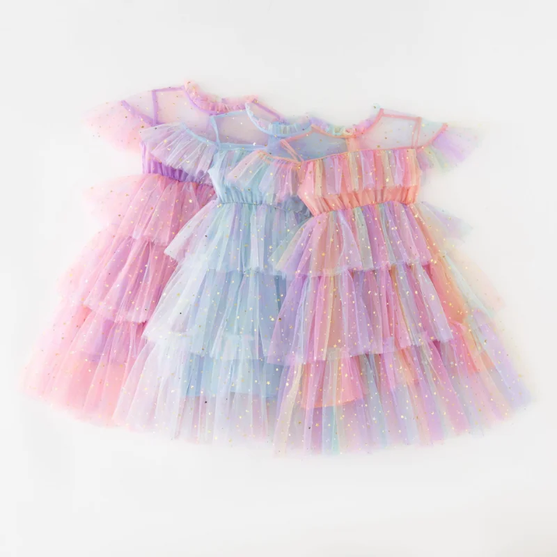 Платье для девочек с блестками и звездами Радужное Сетчатое Модное детское