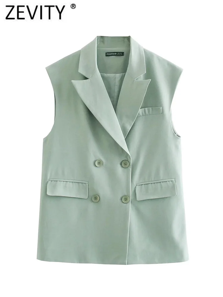 

Zevity Women Fashion Solid Double Breasted Sleeveless Vest Blazer Coat Office Lady Chic Business Waistcoat Suits Tops CT1959