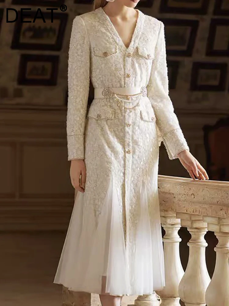 

[DEAT] Women's Evening Dress V-neck Long Sleeve Single Breasted Waist Spliced Gauze Fashion Dresses Spring 2023 New 13DB1339