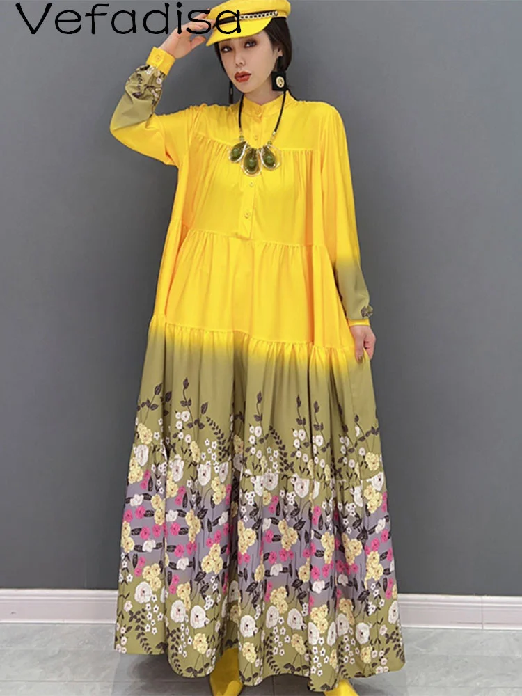 

Vefadisa 2023 Spring Autumn Round Neck Dress Loose Mid-length Gradient Floral Printing Splicing A-line Dress Women's LHX3165