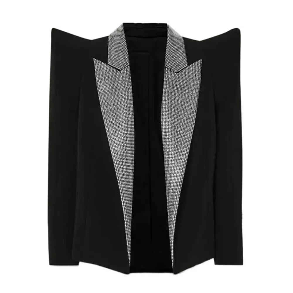 Black Women's Jacket 2023 New High Quality Diamonds Collar Blazer Female Jacket Fashion Peak Shoulder Formal Blazers