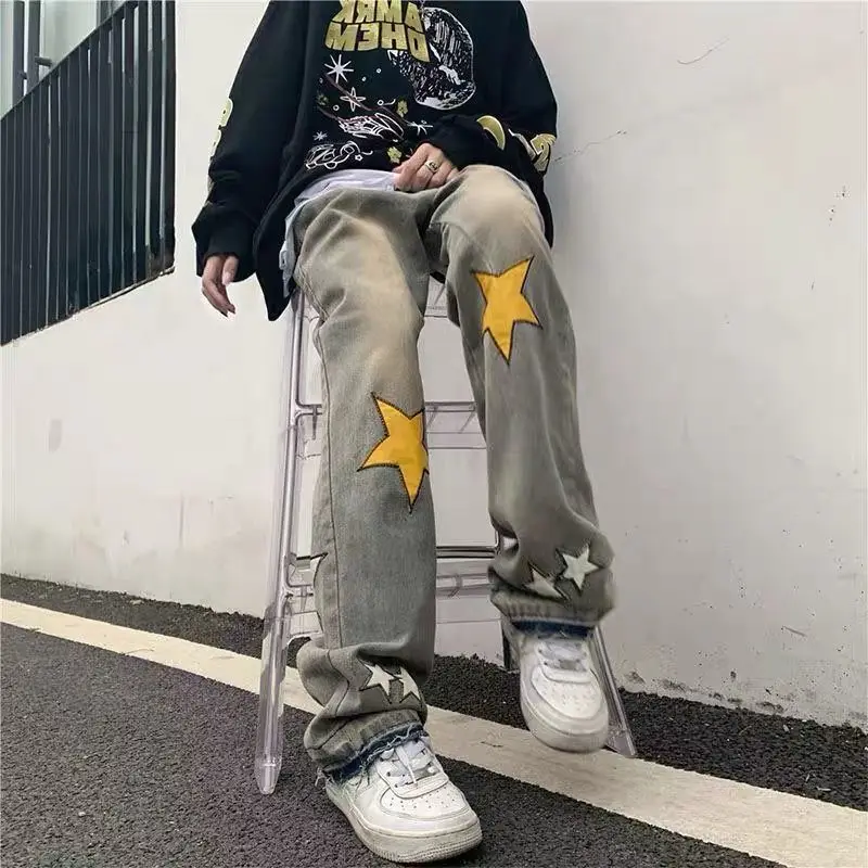New Jeans Oversize American Jeans Men's Spring Autumn High Street Hip Hop Style Embroidered Stars Whiskers Straight Loose Pants