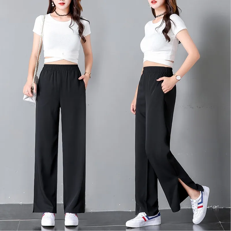 

2023 Summer Women's Long Pants Chiffon Slim Elastic Waist Wide Leg Pants New Fashion Casual Solid Trousers Loose Split Pants
