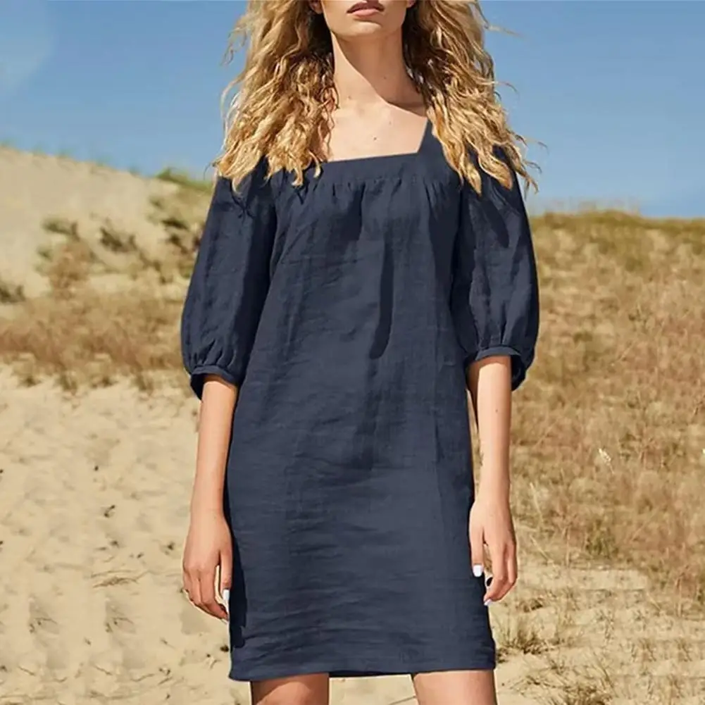 

Women Summer Solid Color Mini Dress Square Collar Puff Half Sleeve Loose Fit Thin Beach Dress Streetwear