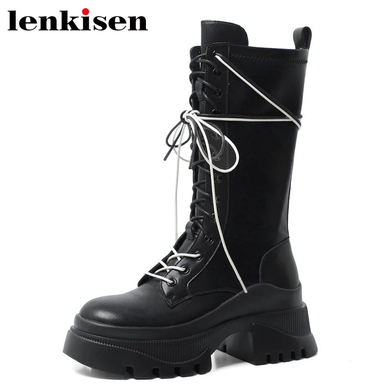 

Lenkisen Cow Split Leather Round Toe Med Heels Thick Bottom Motorcycles Boots Street Wear Cross-tied Cool Girl Zip Ankle Boots