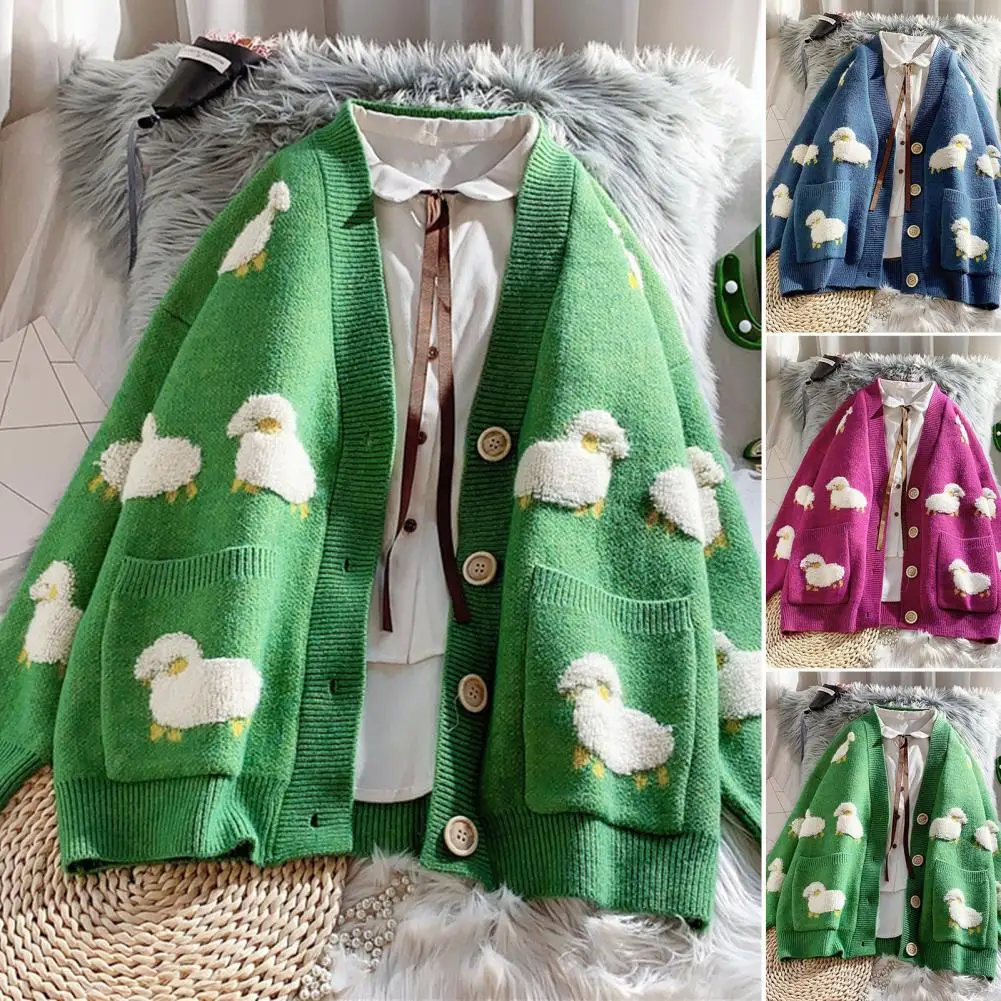 

Fashion Knitted Coat Cozy Sweater Cardigan V Neck Women Cartoon Sheep Pattern Oversized Knitwear Anti-freeze