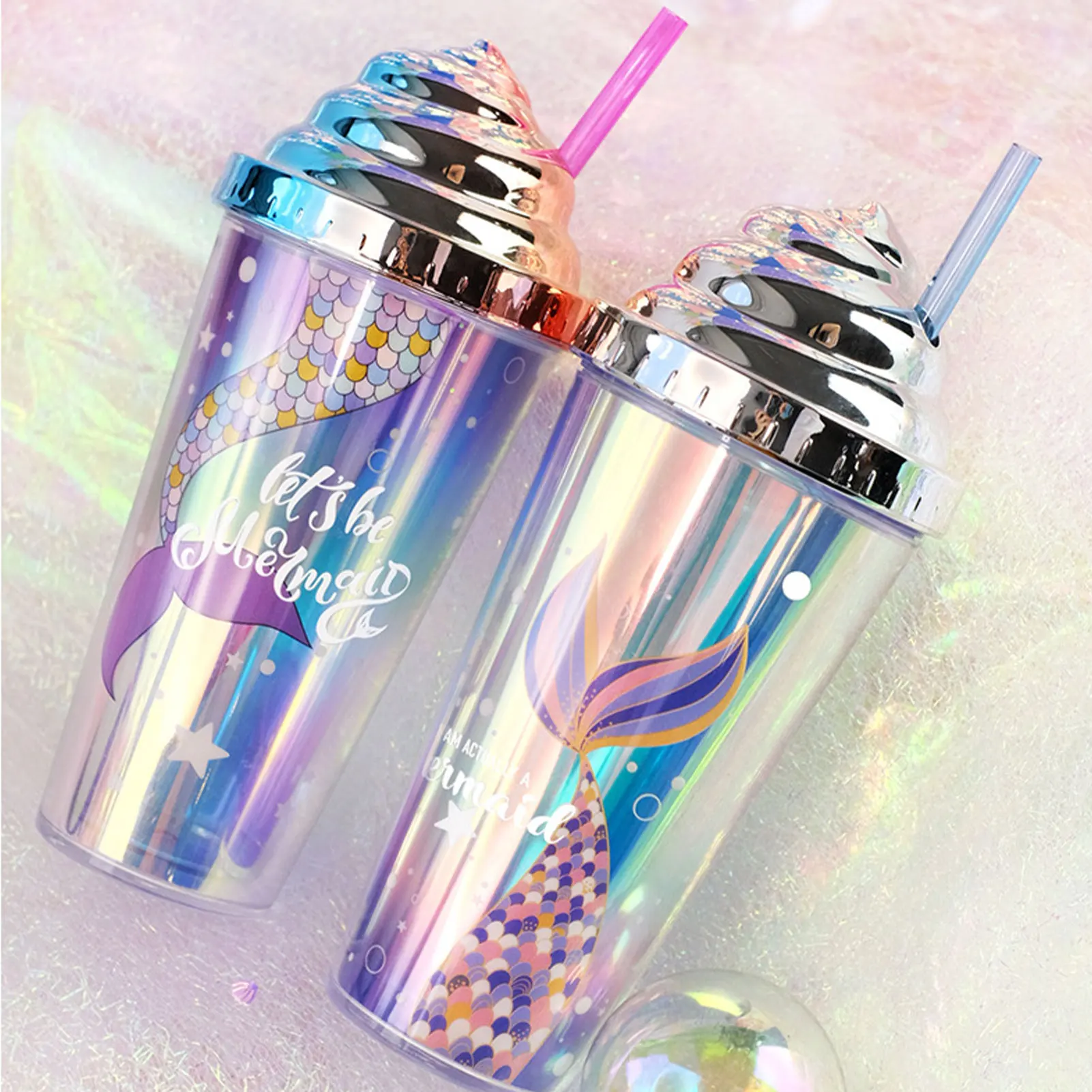 

Electroplated Glitter Water Cup Creative Straw Double-Layer Reusable Tumbler Cup with Mermaid Eco-friendly with Lid BPA Free