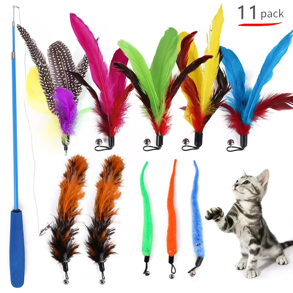 

11 PCS Replacement Cat Feather Toy Set, Cat Feather Teaser Wand Toy for Kitten Cat Having Fun Exercise Playing Without the Stick