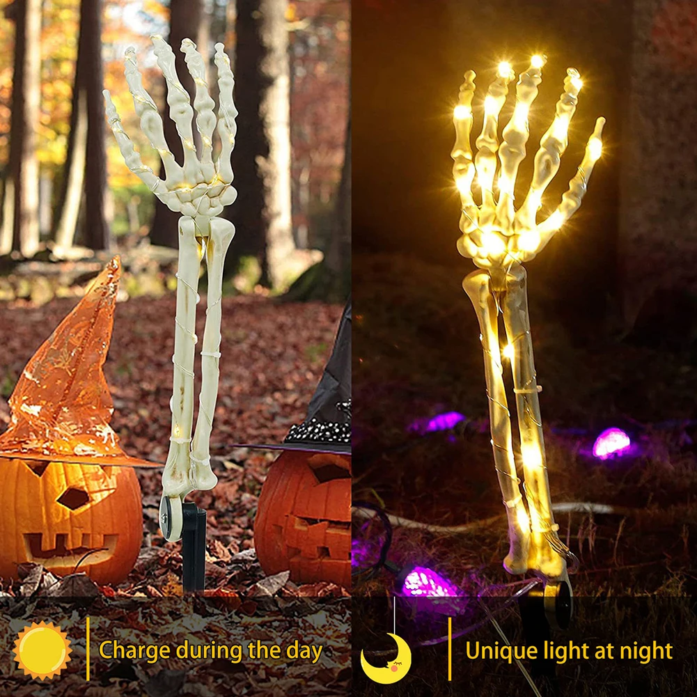 2pcs Halloween Glowing Skull Hands Solar/battery Power 40led Skull Skeleton Lamp Creating Terror Atmosphere Halloween Scary Lamp