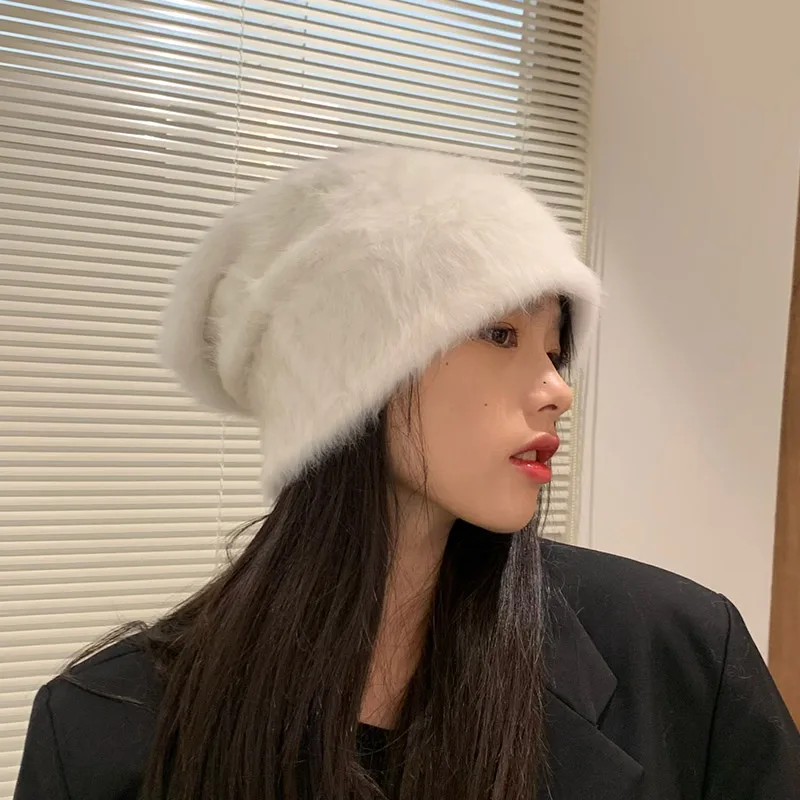 

Women's Winter Rabbit Hair Knitted Hat Warm Beanie Plush Soft Rabbit Hair Knitted Pile Hat Ear Protection Knitted Warm Hat