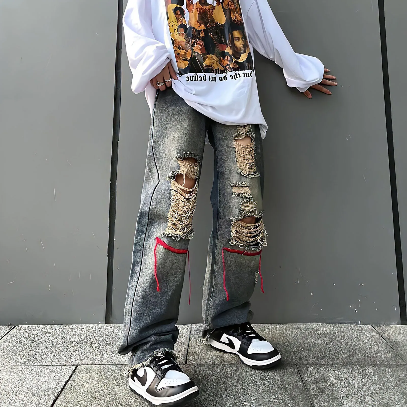 Embroidery Ripped Jeans Men And Women Baggy Straight Wide-Leg Pants Retro Streetwear Casual Fashion Punk Hip Hop Denim Trousers