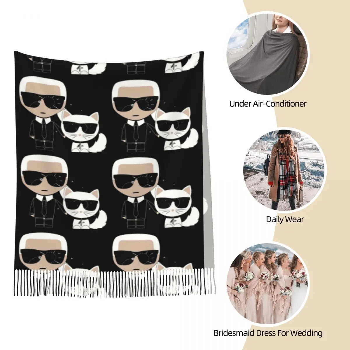 Женский шарф с кисточкой лозунг изображением кота длинная мягкая теплая шаль