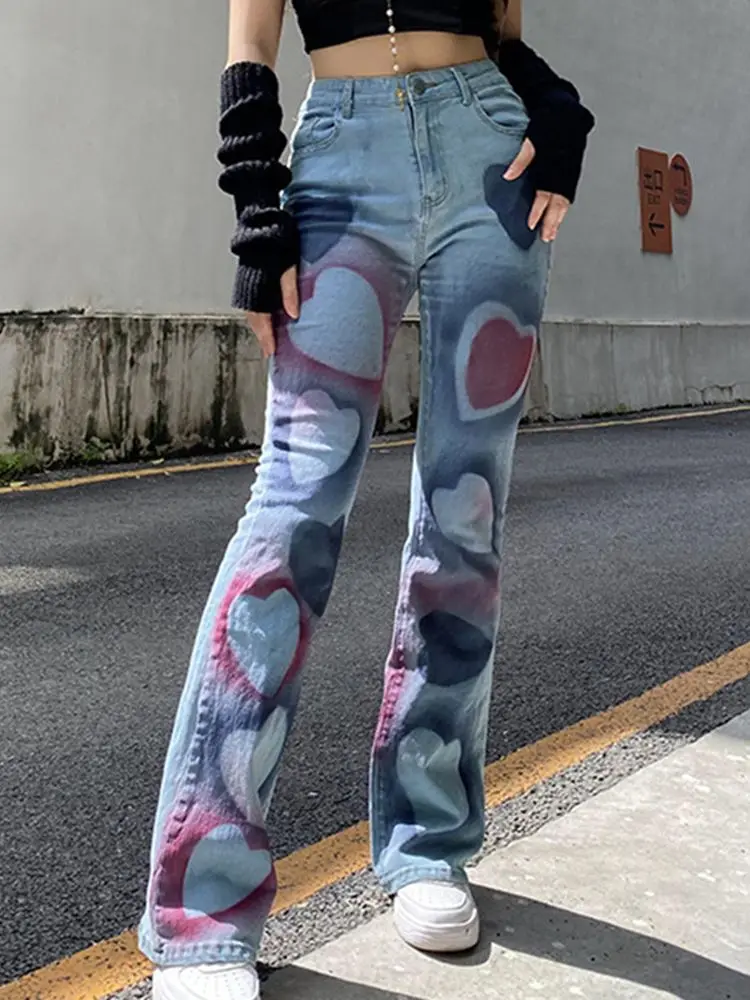 

Милые Женские джинсы-карго Y2k с принтом сердца, повседневные брюки-кроше в стиле хиппи, брюки в стиле кибер-АЛТ, лоскутные брюки, джинсы с выс...