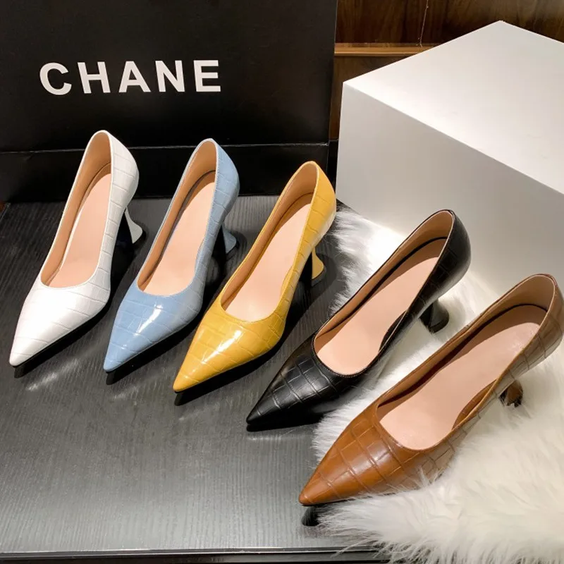 

LeShion Of Chanmeb Big Plus Size 43 Women High Heels Pumps Ladies Crocodile PU Leather White Yellow Black Brown Blue Office Shoe