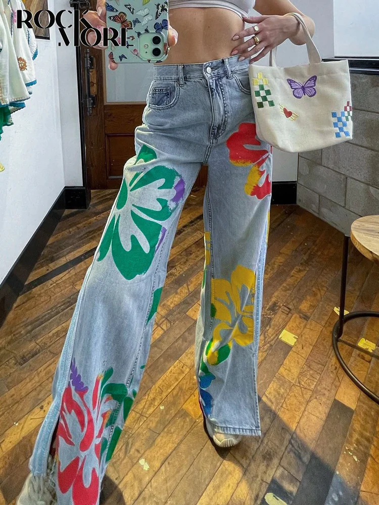 

Rockmore Chic Contrast Printing Women'S Jeans y2k Aesthetics Loose Wide leg Pants Casual Boyfriend Denim Trousers Fairy Grunge