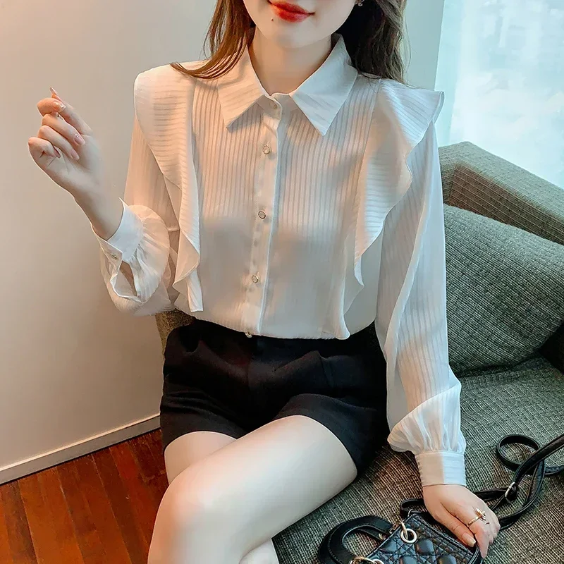 Модная женская рубашка с отложным воротником и оборками полосатая шифоновая