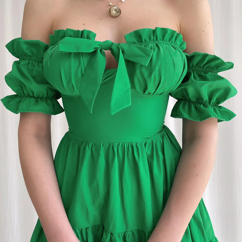 

Fashion 2022 Summer Dress Women's Puff Sleeves Fungus Edge One-shoulder Bow Cake Skirt Dress Sexy Ladies Design Ball Gown Dress