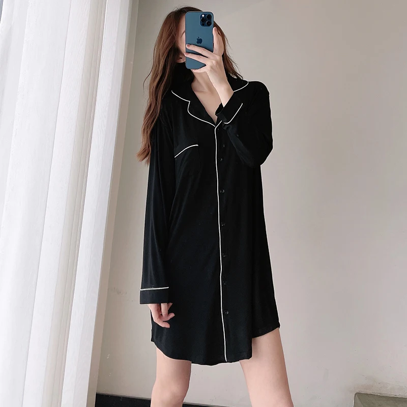 Sexy Nightdress, Pajamas, Modal Shirt-Style Long-Sleeved Cotton Plus Size Loungewear For Outer-Wear