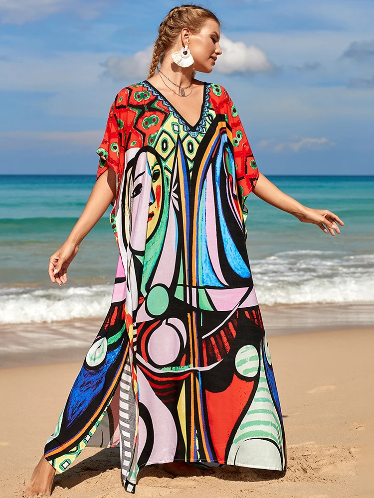 

2022 Boho Style Maxi Dress Print Face Swim Suit Cover-up Bohemian Dress Robe Plage Kaftan Dress Beach Wear Tunics Ropa Mujer