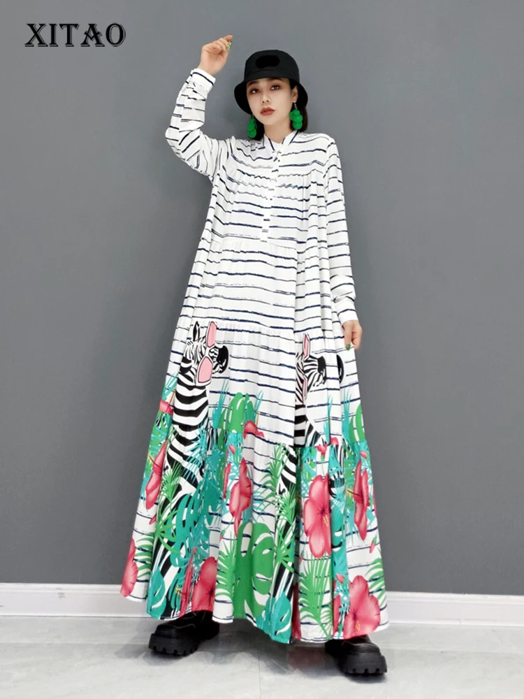 

XITAO Print Pattern Dress Fashion New Women Full Sleeve Pleated Hem Goddess Fan Casual Style Loose Dress WMD3399