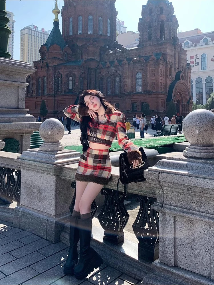 Женский блейзер и мини-юбка ReddaChic из овчины комплект 2 предметов клетчатая
