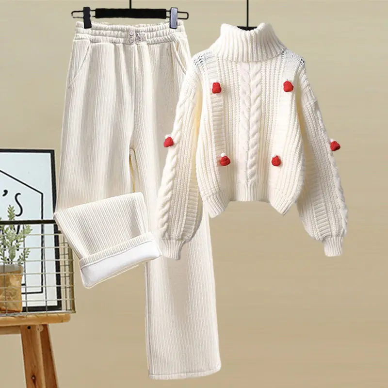 Small fresh sweet autumn and winter suit skirt female Christmas sweater warm pants set casual pants any combination with