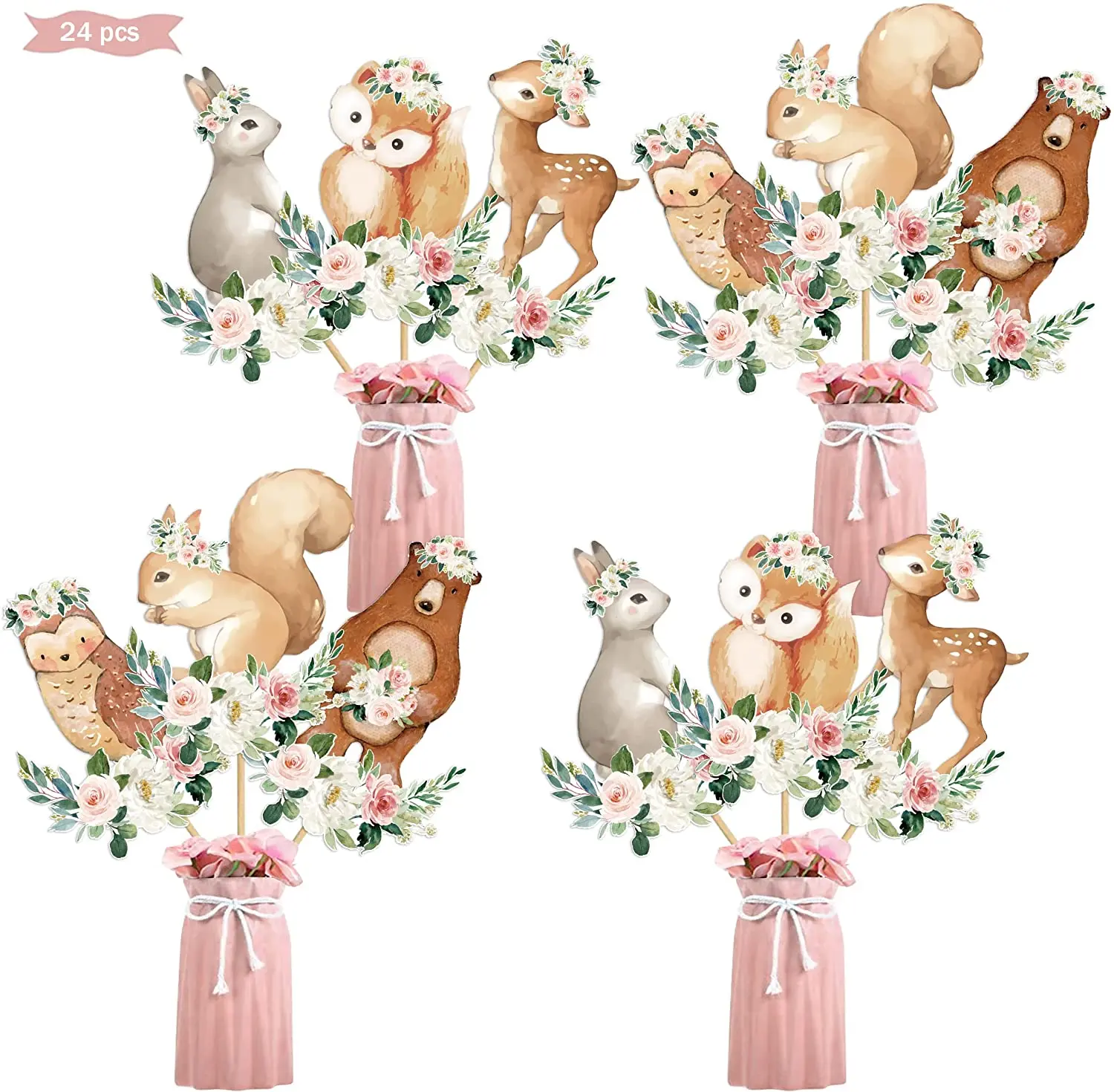 

Woodland Animal Centerpieces for Baby Shower Pink Floral Animals Theme Table Toppers Birthday Party Decorations for Baby Girl