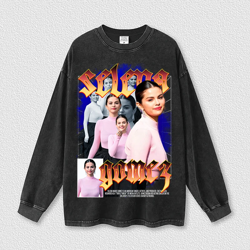 

100% Cotton Washed Long Sleeve Section New O-neck Digital Direct Injection Hip Hop Streetwear Harajuku Selena Gomez Tees