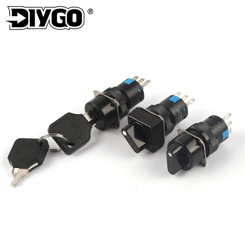 

16mm AB6 Self-locking 3 Pin 2 Position Knob Switch Square&Round With key and Socket Engine Start Up Power Rotate Switch