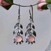 newest delicate tree leaves pink stone drop earrings for women tribal jewelry silver color oval moonstone dangle earring femme