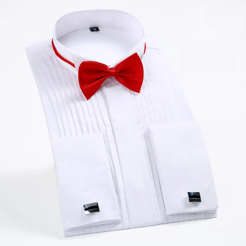 

France Cufflinks Solid Tuxedo Shirts for Men with Regular Fit Business Men Social Shirt Long Sleeve Swallow Tail Collar Quality