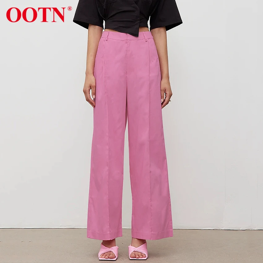 

OOTN розовые хлопковые льняные повседневные брюки, офисные женские базовые мешковатые брюки с высокими широкими штанинами, уличные весенние ...