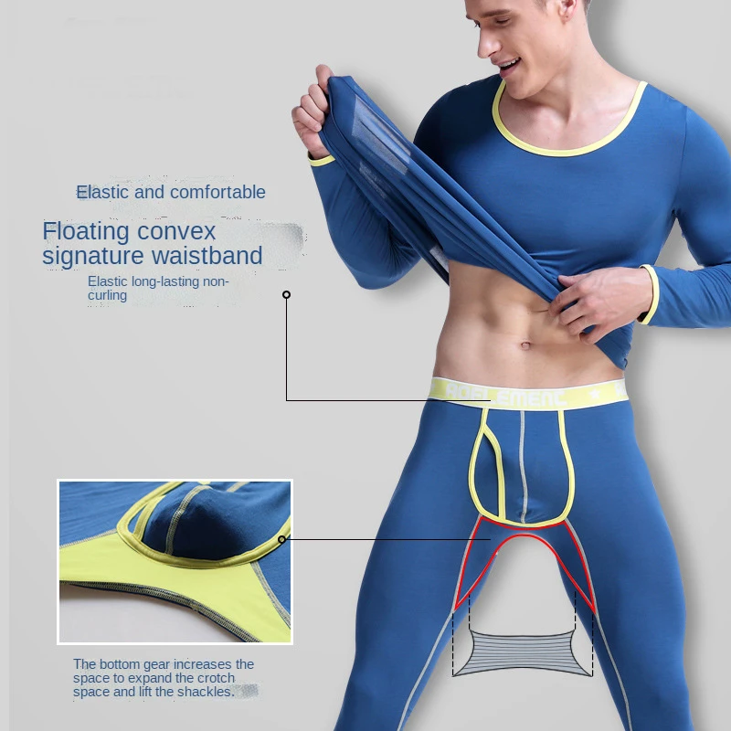 Men Thermal Underwear Set Men Long Johns Male Thin Section Tight Round Neck Basic Undershirt Sexy U Convex Penis Pocket Leggings
