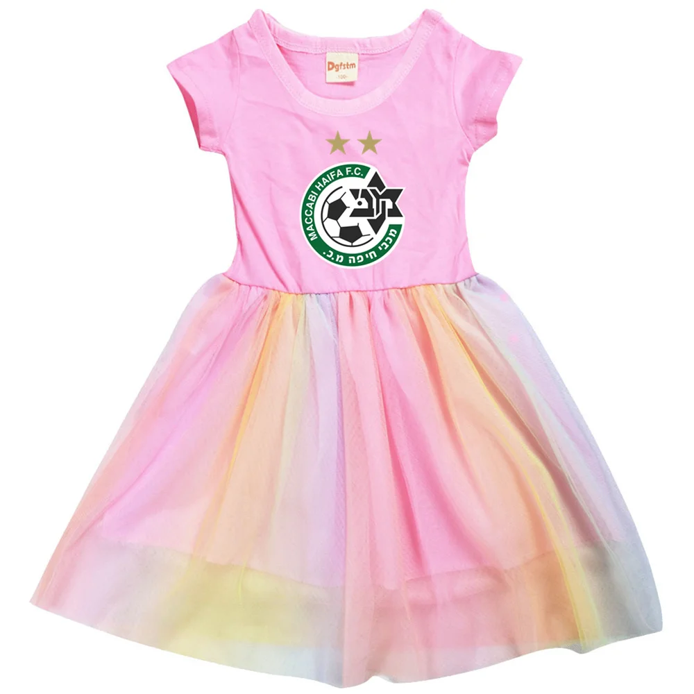 

2022 Summer 2-9Y Girls Kids Maccabi Haifa Print Short Sleeve Dresses Children Fashion Clothes Baby Birthday Gift Princess Party